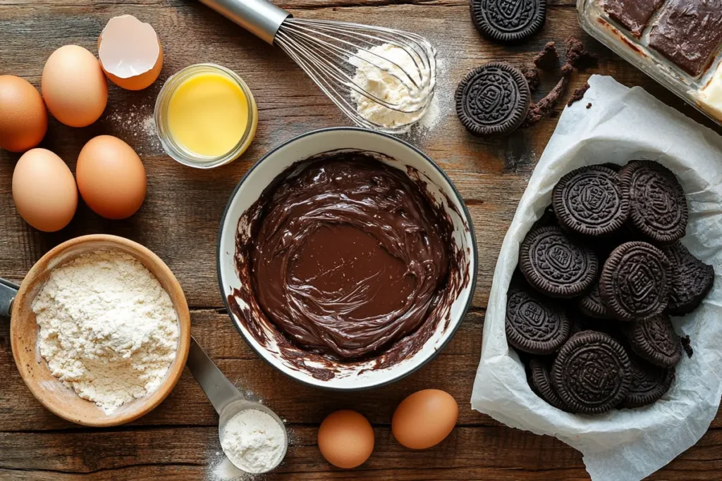 A flat lay of baking ingredients and tools for making slutty brownies, including chocolate brownie batter, chocolate chip cookie dough, Oreo cookies, flour, brown sugar, a whisk with batter, melted butter, eggs, and a parchment-lined baking pan on a rustic wooden countertop with soft natural lighting.