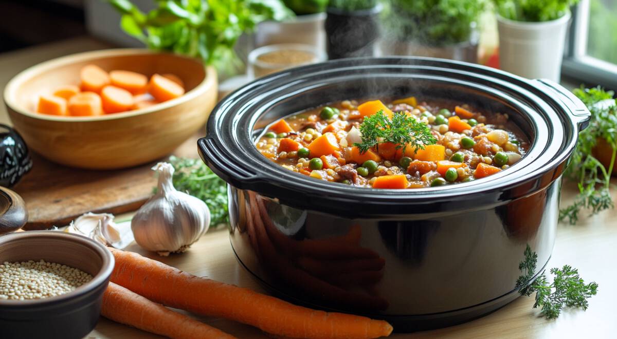 Vegan slow cooker filled with colorful vegetables, grains, and legumes, showcasing healthy, easy-to-make plant-based meals.