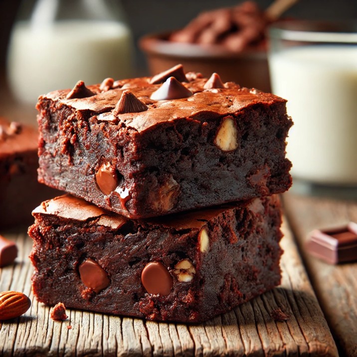 A batch of freshly baked brownies, cut into squares and displayed on a wooden cutting board, showcasing their fudgy texture and rich chocolate color.