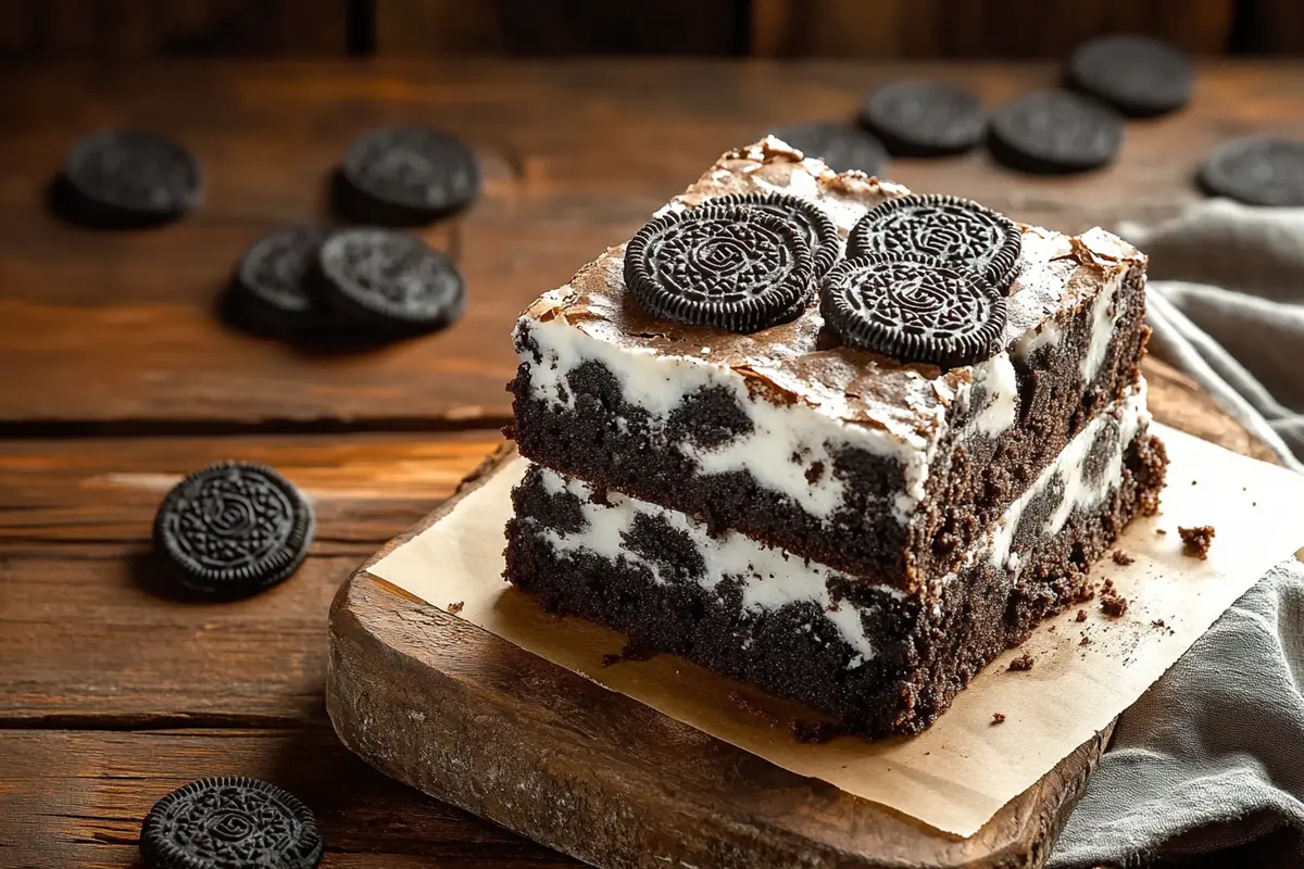 Stacked Oreo brownies with cream filling on a rustic wooden board, accompanied by a soft blue cloth and a mug of coffee in the background.