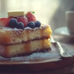 Golden, crispy eggless French toast drizzled with maple syrup, topped with fresh berries and powdered sugar. Soft, fluffy texture inside, served on a rustic plate with a side of coffee. Warm morning light, cozy ambiance, ultra-realistic, cinematic food photography.