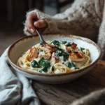 A bowl of gluten-free fettuccine pasta coated in creamy Alfredo sauce, topped with grilled chicken, wilted spinach, and garnished with fresh parsley and grated Parmesan. The dish is served on a rustic wooden table with warm, natural lighting.