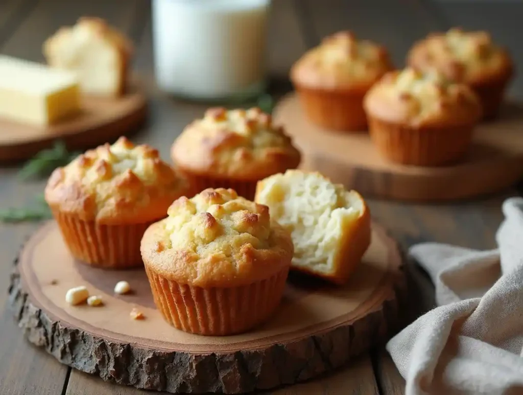 Freshly baked sourdough muffins displayed on rustic wooden boards, with a glass of milk and a butter block in the background. One muffin is torn open to reveal its soft, fluffy interior, surrounded by a cozy, natural setting.