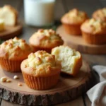 Freshly baked sourdough muffins displayed on rustic wooden boards, with a glass of milk and a butter block in the background. One muffin is torn open to reveal its soft, fluffy interior, surrounded by a cozy, natural setting.