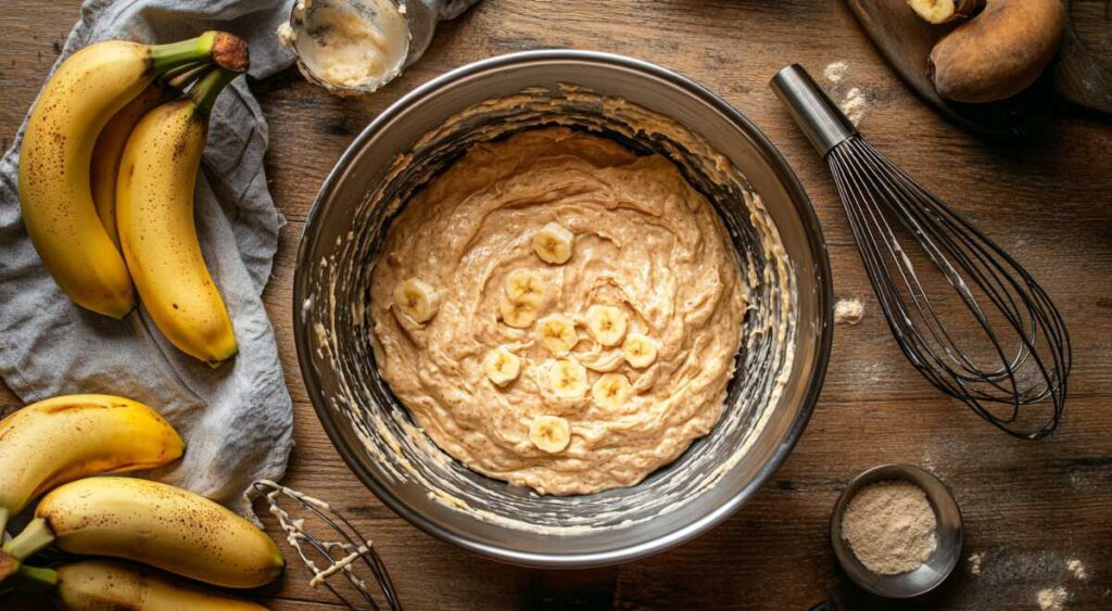 Banana bread batter in a mixing bowl with ripe bananas, a whisk, and measuring spoons on a wooden countertop in a cozy kitchen setting.