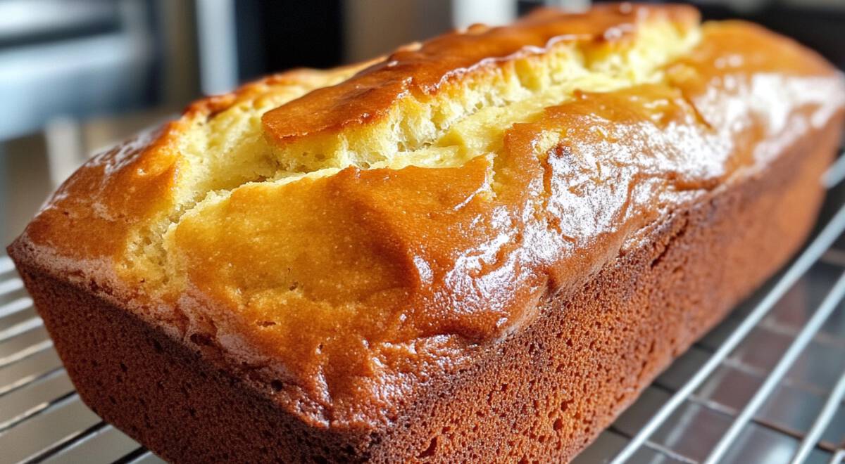 Freshly baked butter-free banana bread on a wooden board, surrounded by ripe bananas and a cup of tea.