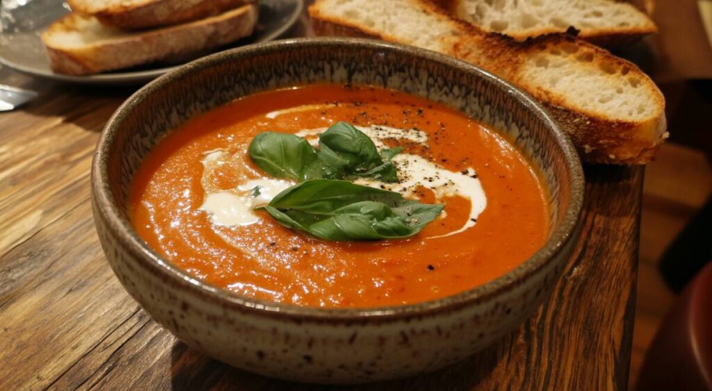 A comforting bowl of tomato soup paired with a golden grilled cheese sandwich, presented on a wooden table with fresh basil garnish.