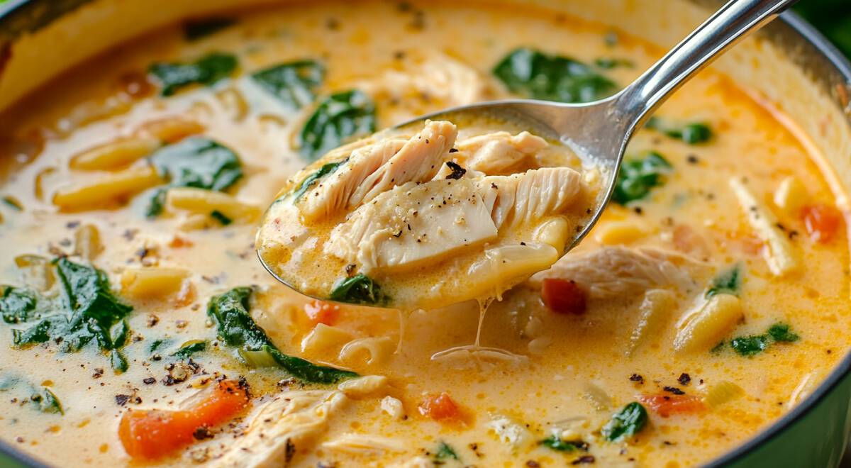 A hearty bowl of creamy chicken soup with tender vegetables and fresh herbs.