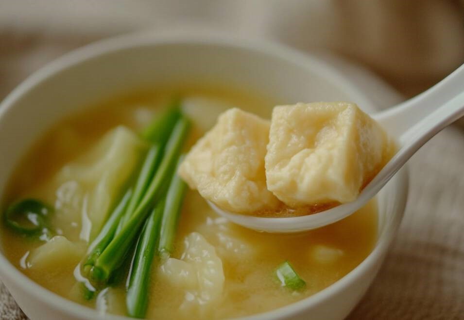 A comforting bowl of miso soup with tofu, seaweed, and green onions in a traditional Japanese bowl.