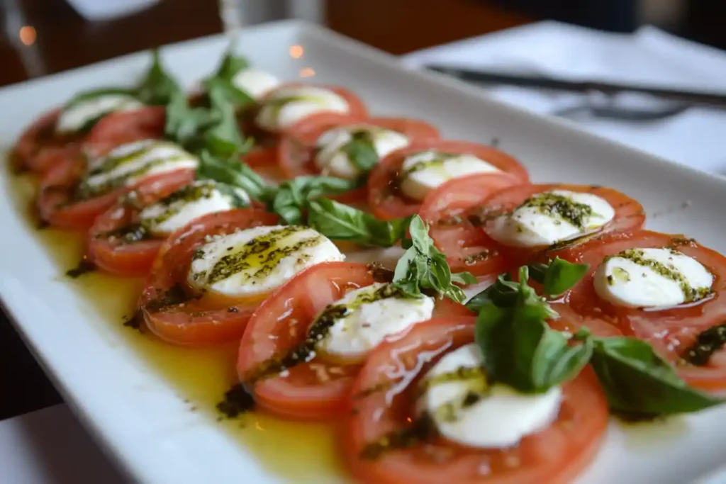 A classic Caprese salad with ripe, juicy tomato slices, fresh mozzarella, and basil leaves