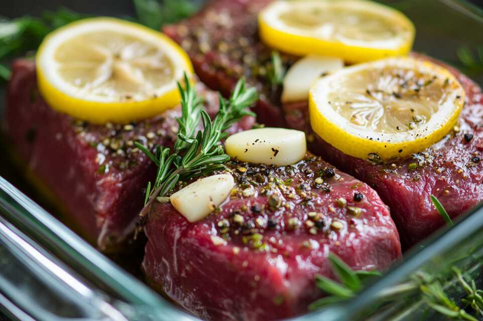 A raw deer meat cube steak marinating in a glass dish