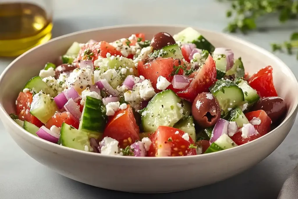 A vibrant Greek salad featuring diced cucumbers, ripe tomatoes, and other fresh ingredients