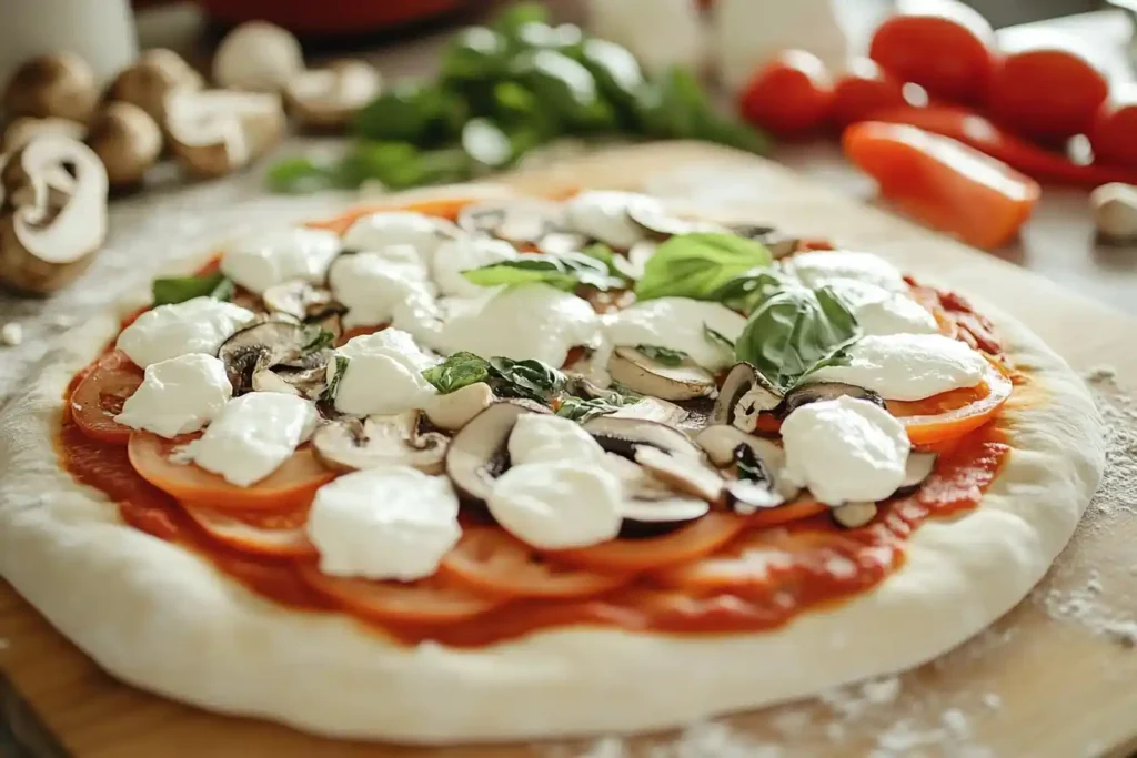 An artistic view of a pizza being topped with fresh ingredients