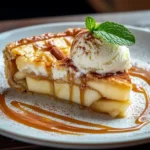 Slice of apple pie topped with vanilla ice cream and caramel drizzle.