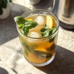 ice tea in a glass pitcher on a kitchen countertop