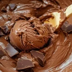 Decadent chocolate fudge ice cream with creamy swirls and a rich, indulgent texture.
