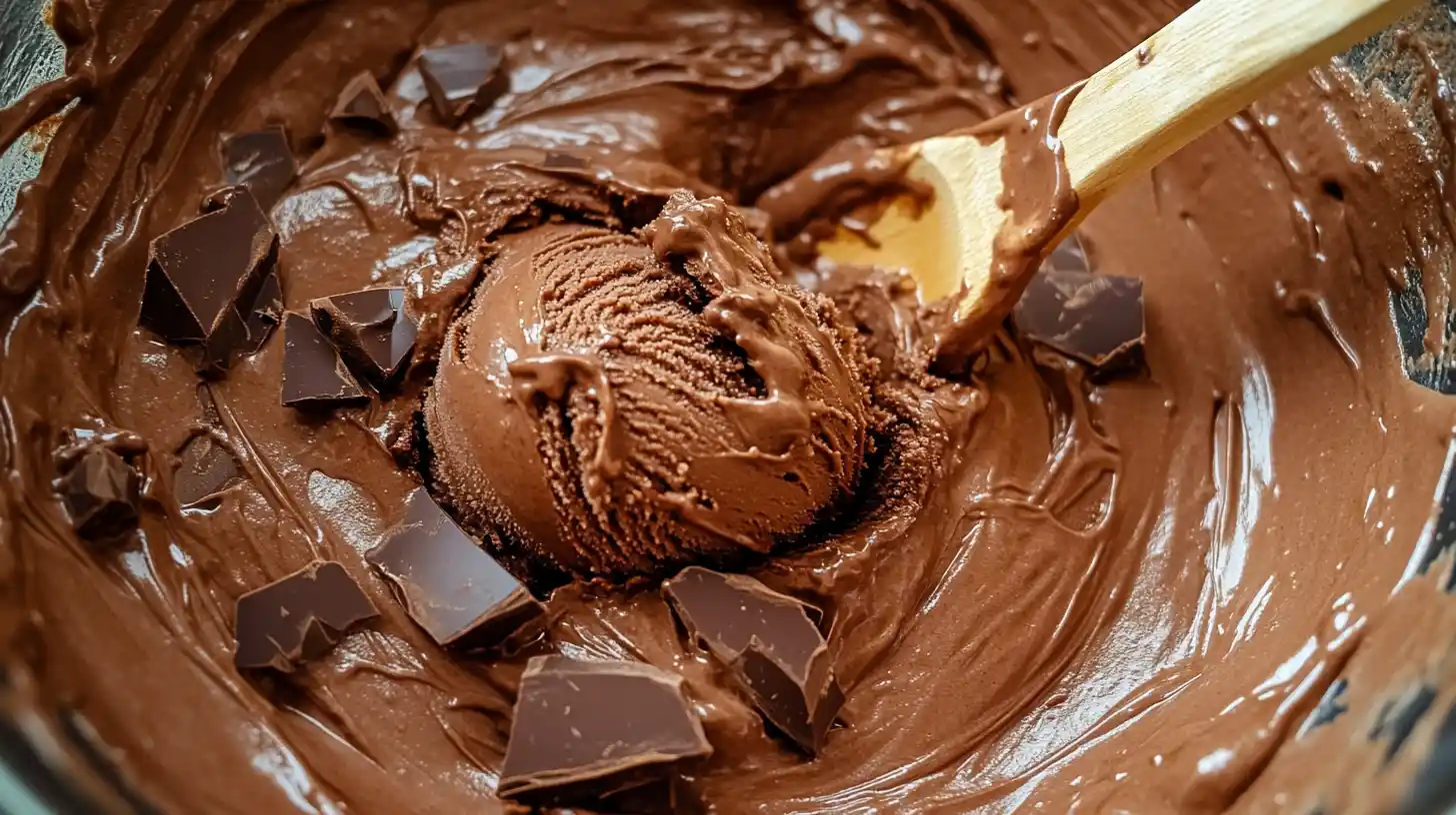 Decadent chocolate fudge ice cream with creamy swirls and a rich, indulgent texture.