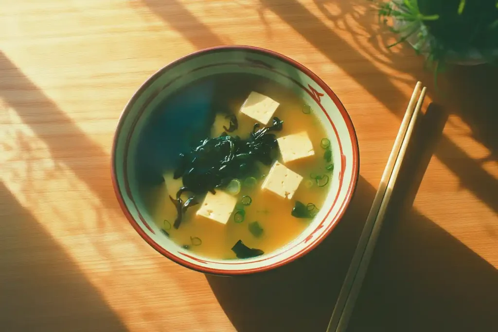 Traditional miso soup with tofu and seaweed in a Japanese bowl.