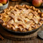 Freshly baked French apple pie with a golden crust on a rustic table.