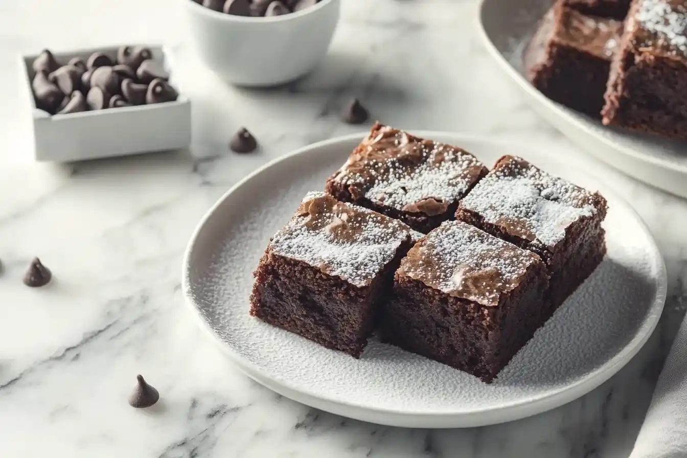 Rich fudgy brownies with a crackly top on a white ceramic plate.