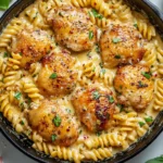 Top-down view of garlic parmesan chicken pasta in a cast iron skillet.