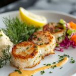 Gefilte Fish on a platter with fresh herbs and lemon, ready for serving