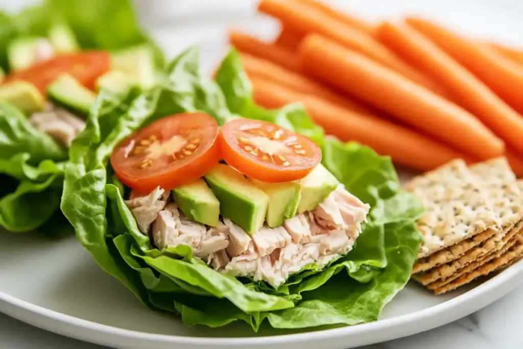 Lettuce wrap sandwich with turkey, avocado, and tomato served with sides.