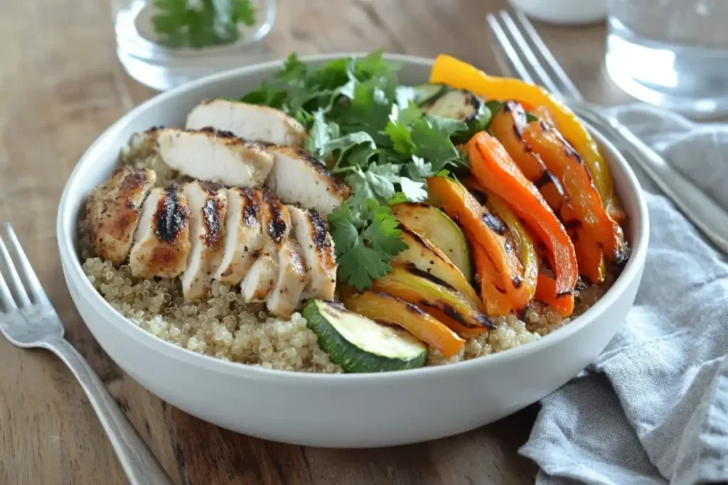 A vibrant gluten-free lunch bowl with quinoa, chicken, and roasted vegetables.