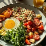 Healthy Mediterranean breakfast bowl with spinach, roasted vegetables, eggs, and whole grains on a rustic table.