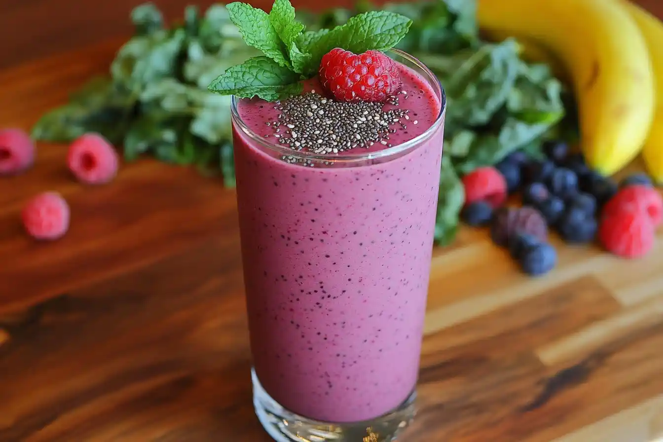 Nutrient-dense smoothie meal replacement with fruits and protein.