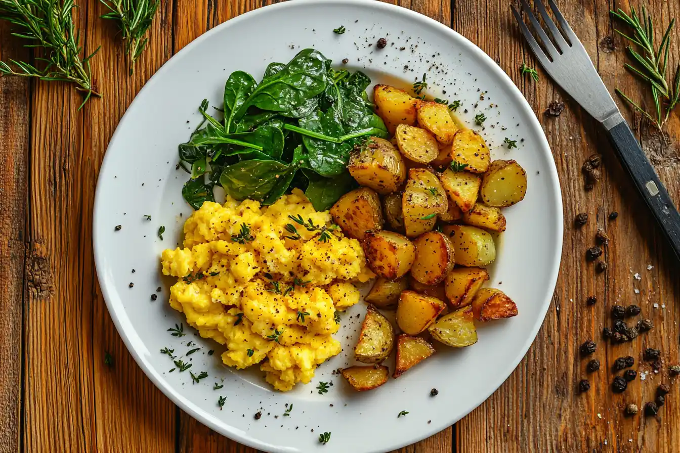 A plate of scrambled eggs, roasted potatoes, and spinach.