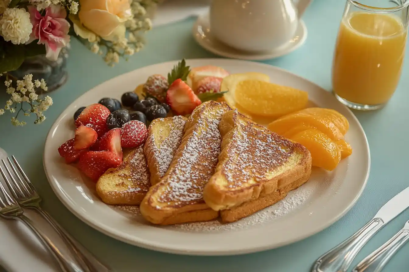 Egg-free French toast served with fresh strawberries, mixed berries, and orange slices, garnished with a drizzle of maple syrup.