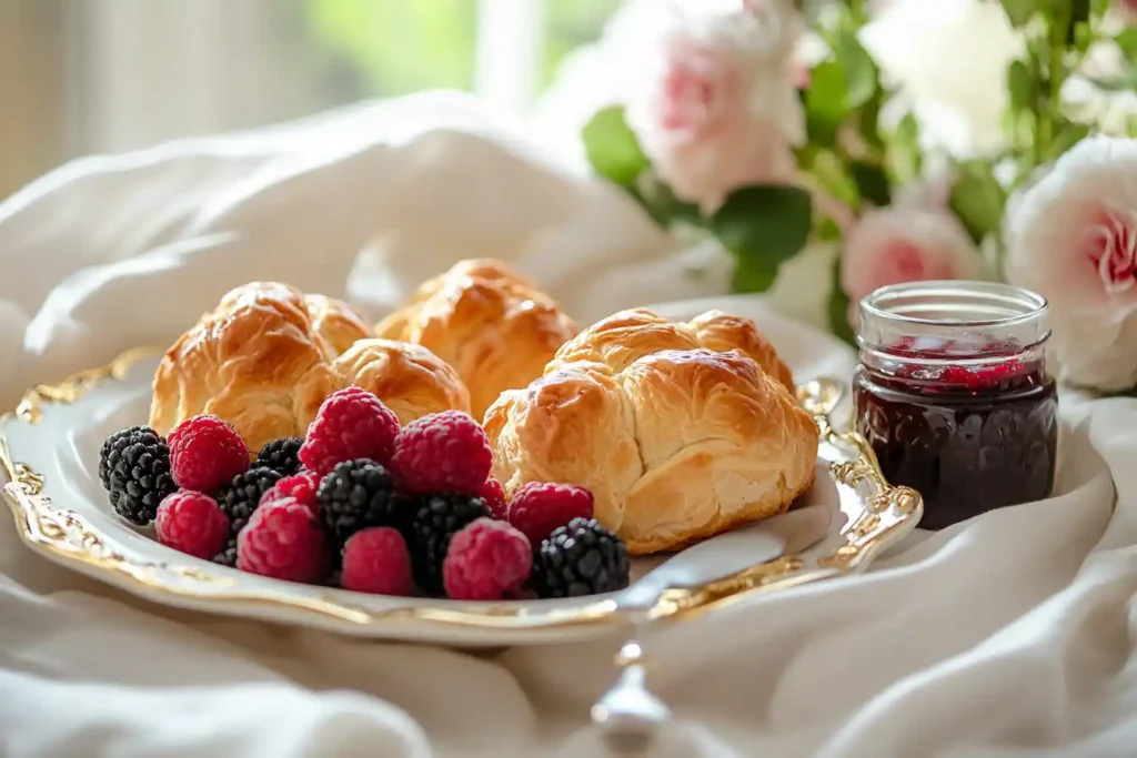 Mandelgipfel pastries served with berries and fruit jam on a gold-trimmed plate.