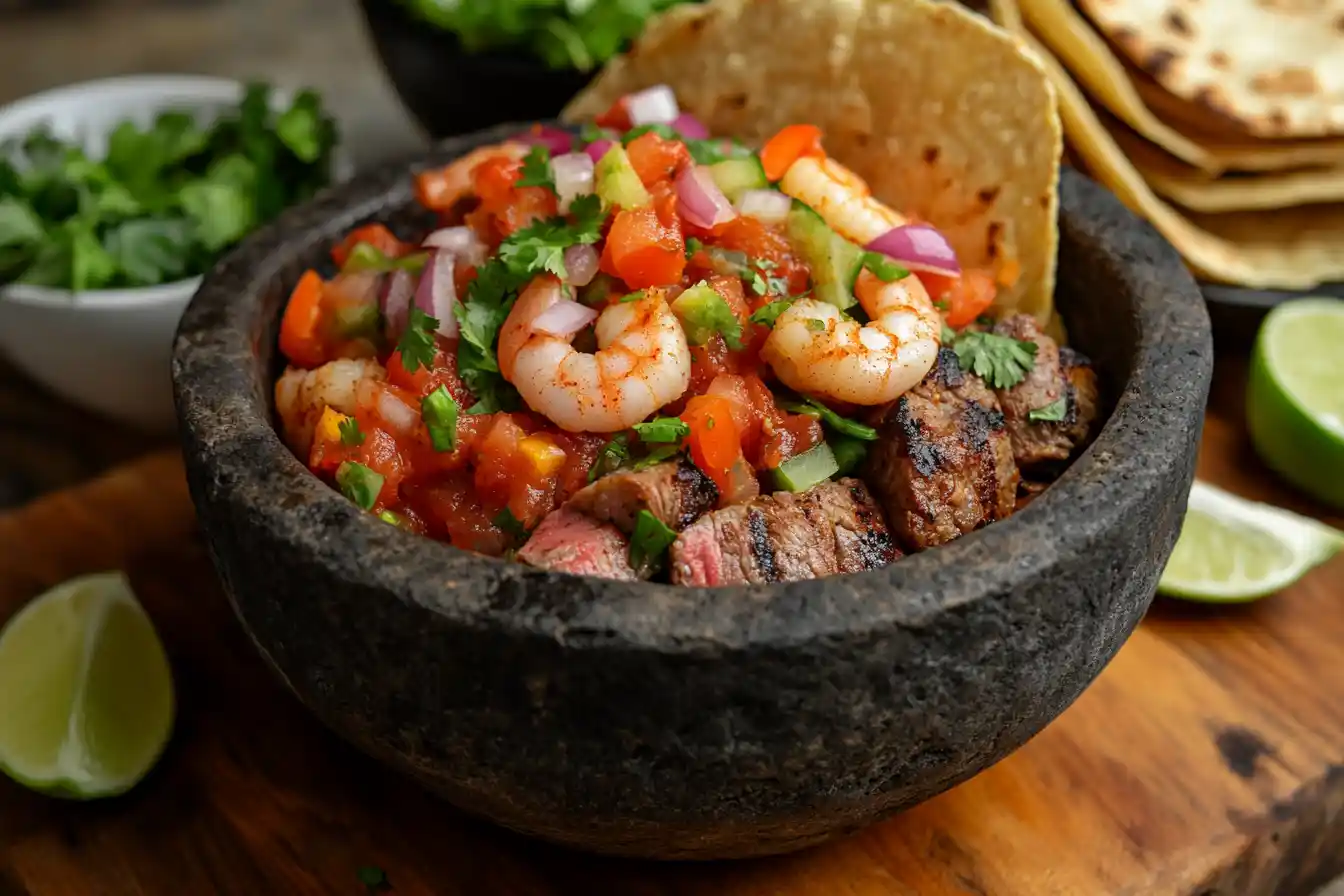 A molcajete recipe featuring grilled shrimp, steak, and vegetables atop freshly made salsa.