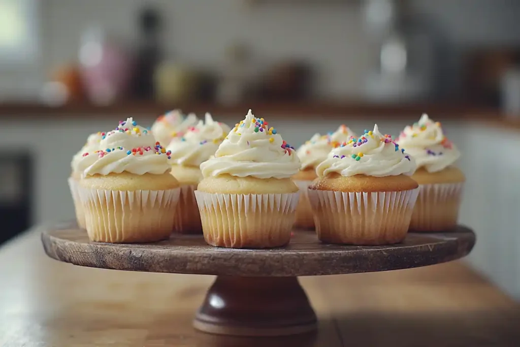 Frosted gluten free cupcakes arranged on a cake stand