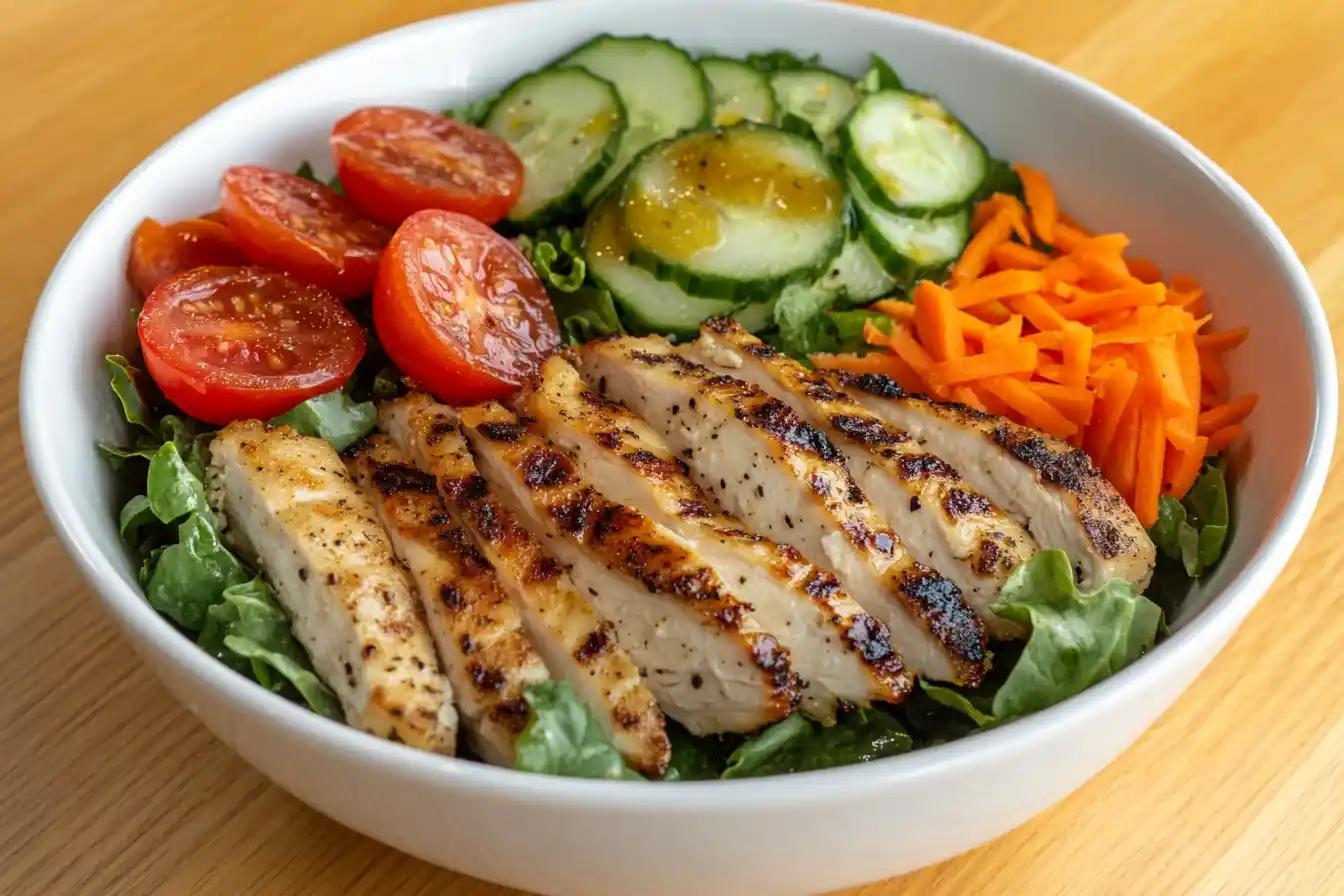 Unique healthy salad bowl with mixed vegetables, lean protein, and vinaigrette.