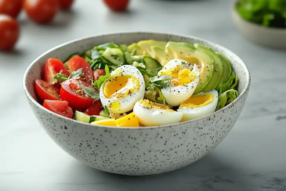 Quinoa and vegetable breakfast bowl with avocado and eggs