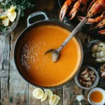 A rustic seafood boil table setup with crab legs, shrimp, and a large pot of golden sauce with a ladle.