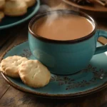 How to Make Indian Chai Tea: A steaming cup of Indian chai tea with biscuits on a rustic wooden table, garnished with spices.