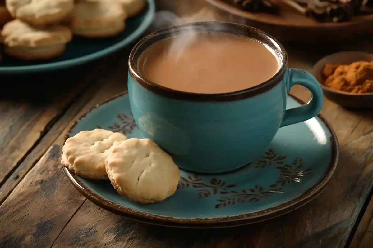 How to Make Indian Chai Tea: A steaming cup of Indian chai tea with biscuits on a rustic wooden table, garnished with spices.