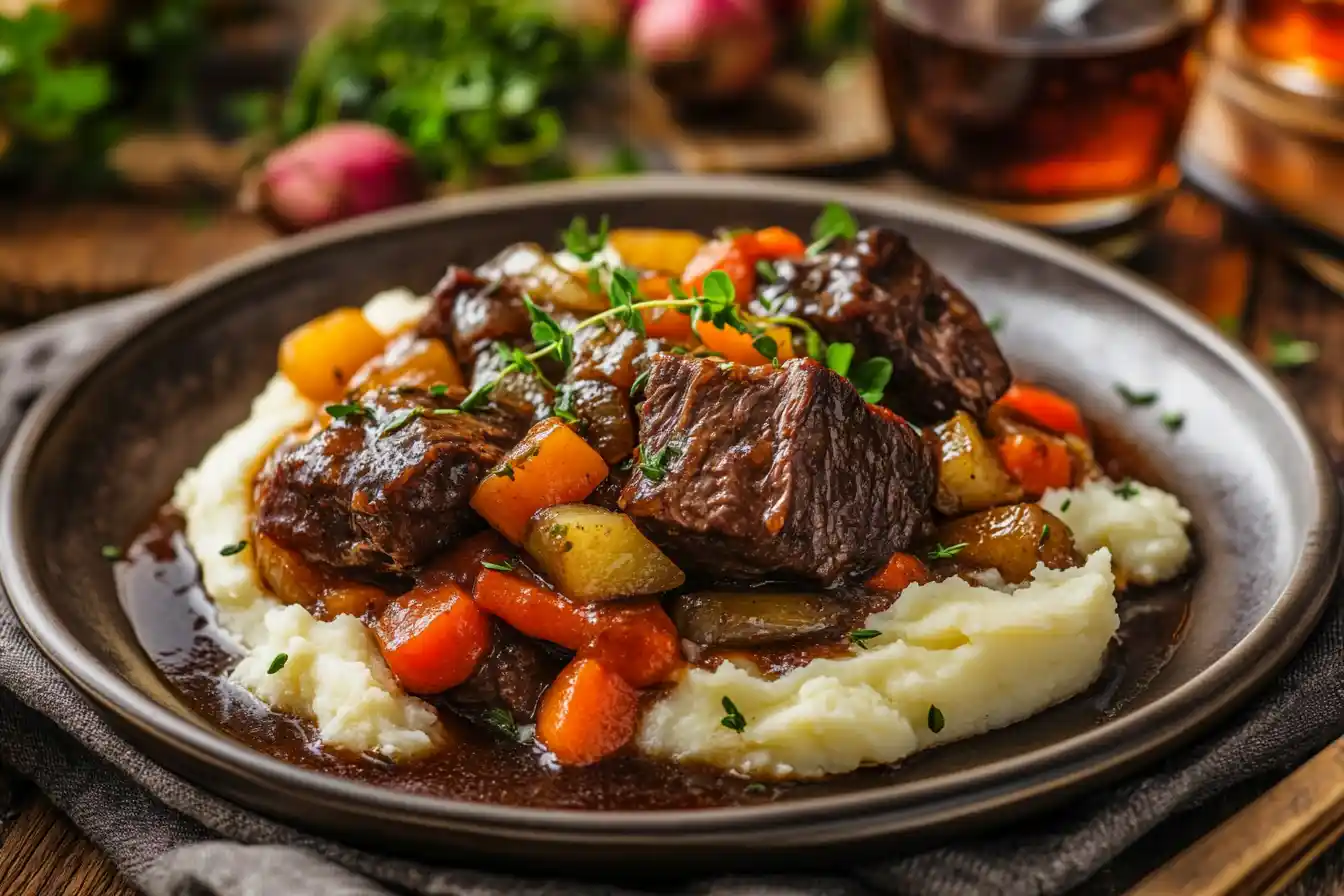 A plate of slow-braised beef cheek meat on mashed potatoes with glazed root vegetables and a non-alcoholic herbal drink nearby.