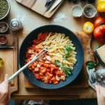 Canned Fish Pasta Recipe: A vibrant plate of tuna and tomato pasta garnished with fresh basil and served in a rustic dish.