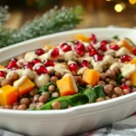 A close-up of a bowl of dense bean salads featuring various beans, herbs, and veggies