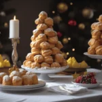 A festive dessert table featuring creatively served mini cream puffs, topped with chocolate drizzle, fresh fruit, and powdered sugar.