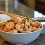 A delicious chicken and shrimp stir fry with colorful vegetables.
