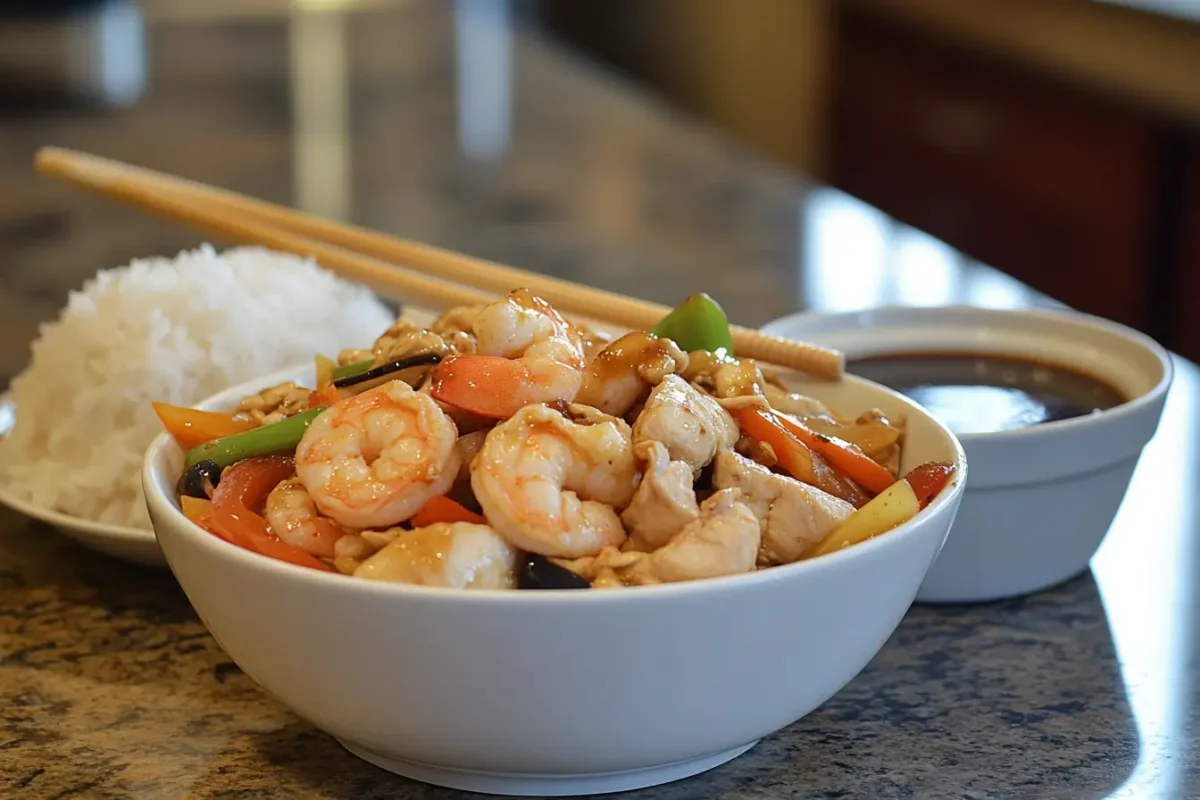 A delicious chicken and shrimp stir fry with colorful vegetables.