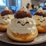 A plate of homemade frozen cream puffs filled with whipped cream, dusted with powdered sugar, and served on a rustic wooden table.