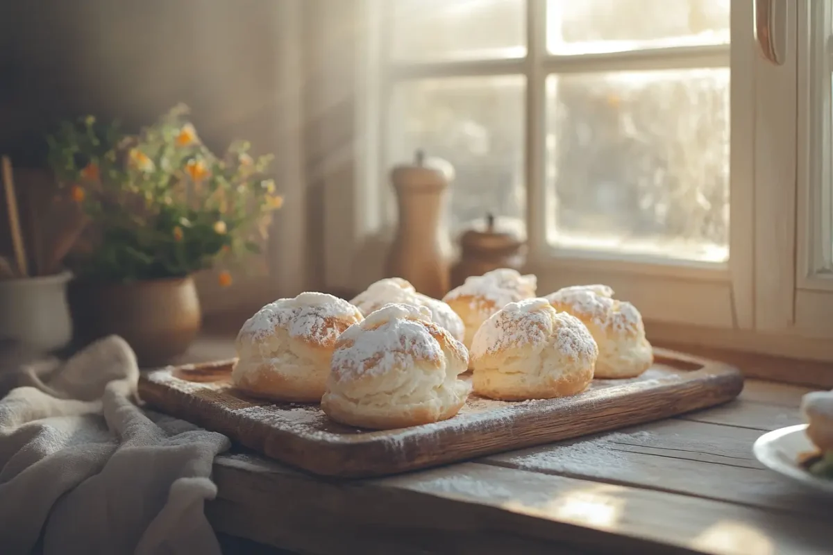 Rustic tray of frozen cream puffs dusted with powdered sugar.