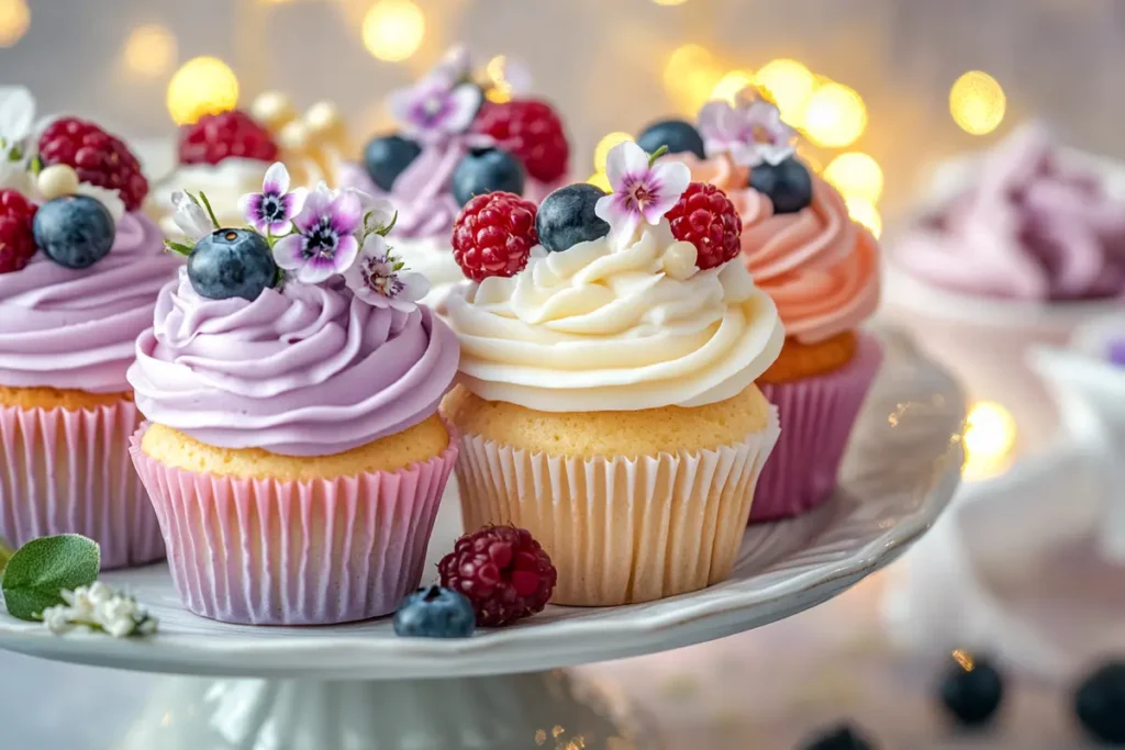 Decorated gluten-free cupcakes with frosting and berries.