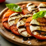 Caprese Salad with ripe tomatoes, fresh mozzarella, and basil, drizzled with olive oil and balsamic glaze, on a rustic plate.